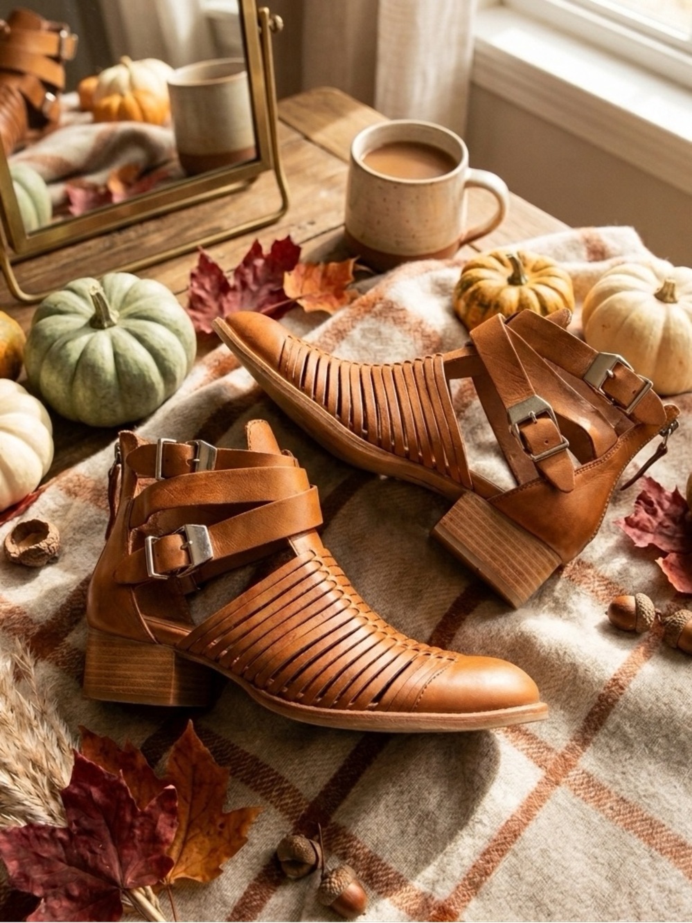 Jeffrey Campbell Stinson Natural Tan Leather Cutout Ankle Booties - RARE